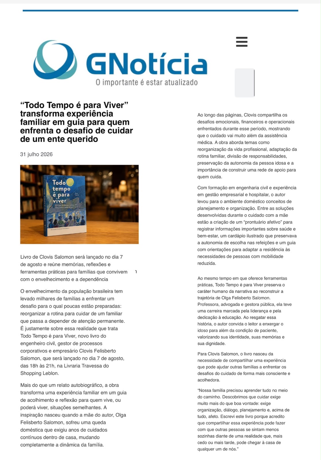 Reprodução da matéria do GNotícia sobre o livro Todo tempo é para viver