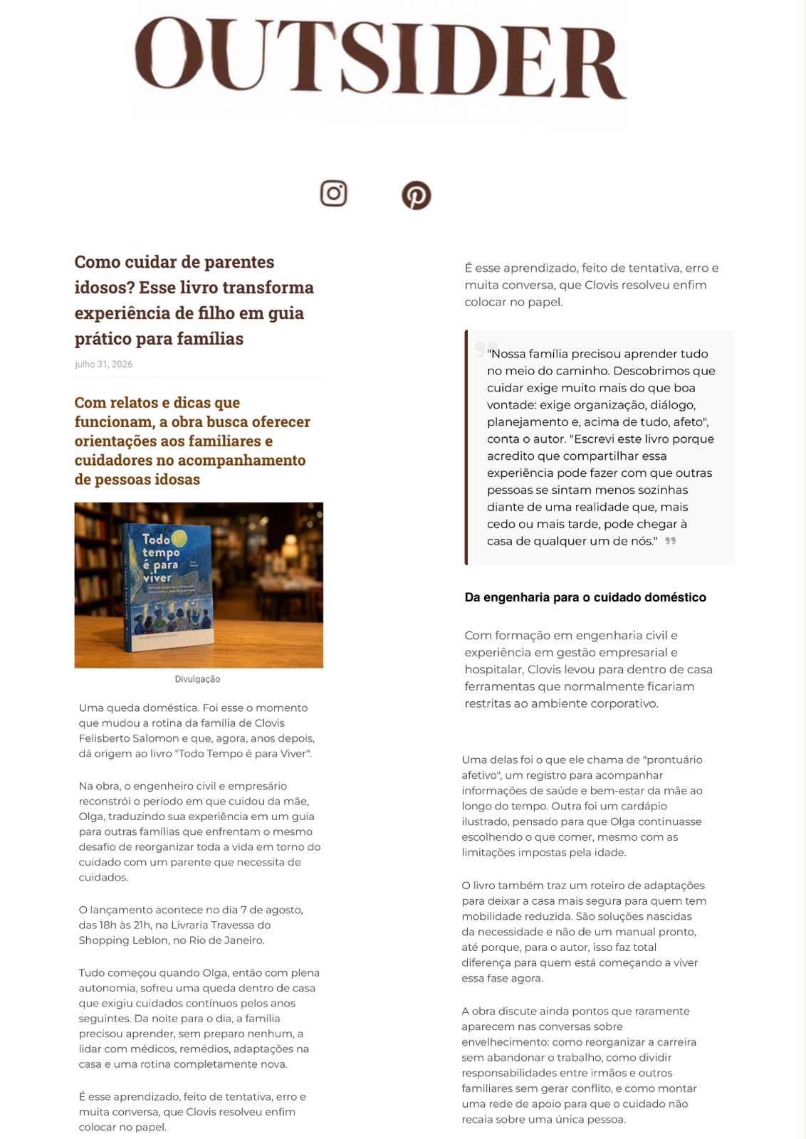 Reprodução da matéria do Outsider sobre o livro Todo tempo é para viver